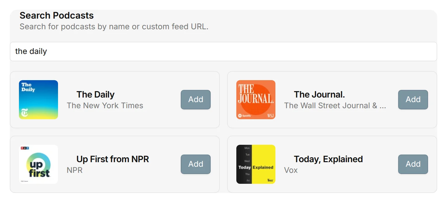 PodNotes settings with Search Podcasts results for “the daily”, each with an Add button