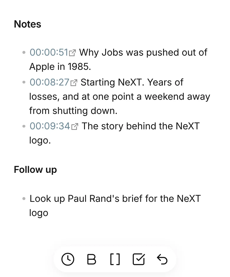 A note on a phone with three captured timestamp links and the editor toolbar, whose first button is the clock that captures a timestamp